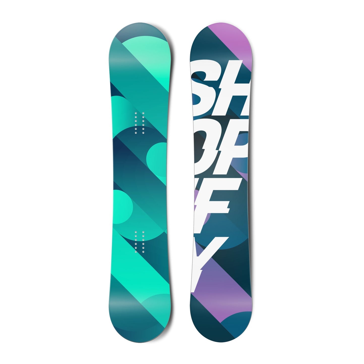 Top and bottom view of a snowboard. The top view shows abstract circles and lines in shades of
teal. The bottom view shows abstract circles and lines in shades of purple and blue with the text “SHOPIFY”
in a sans serif typeface on top.